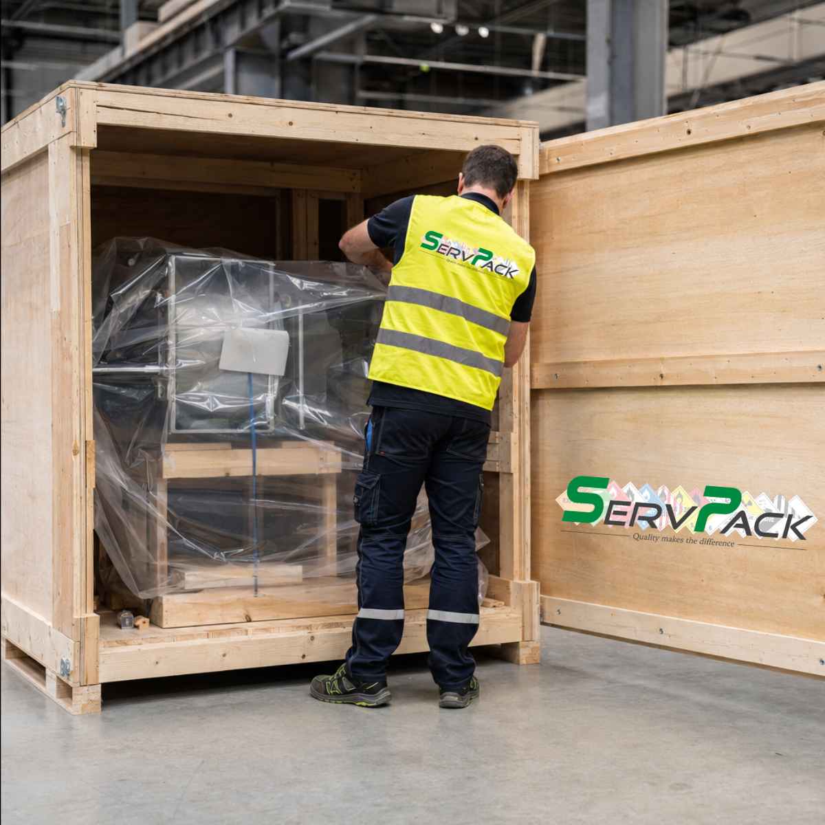 Mitarbeiter bei der fachgerechten Verpackung einer Maschine in einer Exportkiste