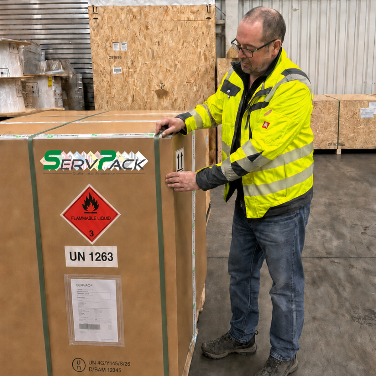Mitarbeiter kontrolliert ein fachgerecht gekennzeichnetes Gefahrgutpackstück
